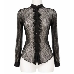 Y2K Black Sheer Stretch Lace Button Front Blouse Women's XS Layering Goth Fairy